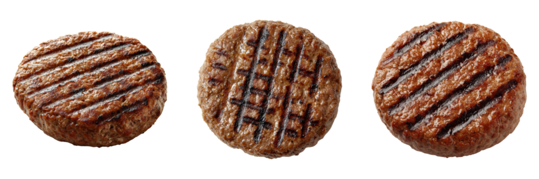 Three juicy grilled patties with varying grill marks.