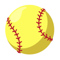 Yellow softball with red stitching on a white background  