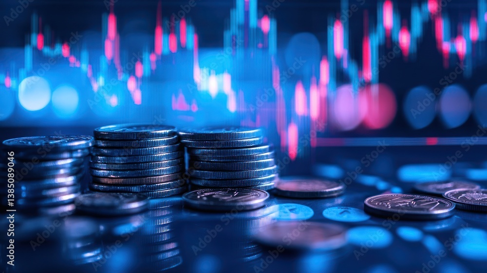 Poster stacks of coins on a table with financial charts in background. use stock photo