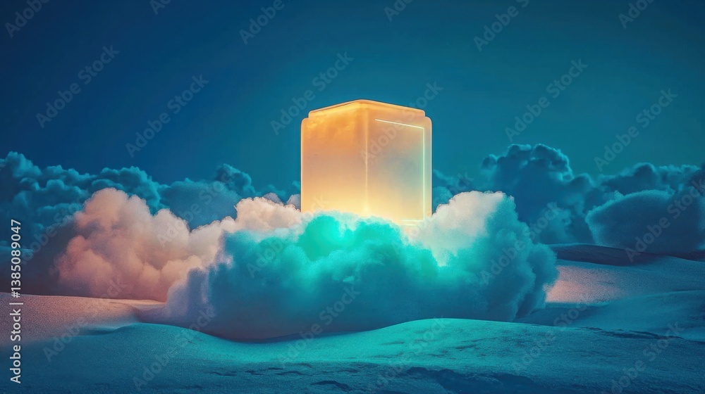 Poster a unique cube suspended among the clouds in the sky creating a dreamlike scene symbolizing imaginati
