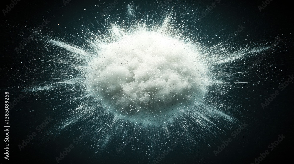 Poster an explosive cloud of white powder creating an impressive visual display of sparkles against a dark 