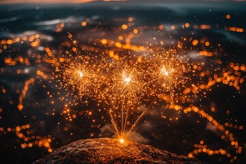 Naklejka premium Nighttime Fireworks Spectacle Over City Lights