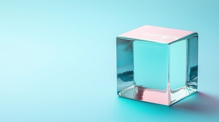 A clear glass cube sitting on a smooth blue background symbolizing data analytics and modern technology in a minimalist style