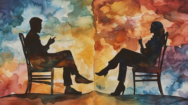 A painting in watercolor style shows two people engaged in a therapy session, exploring mental health ideas