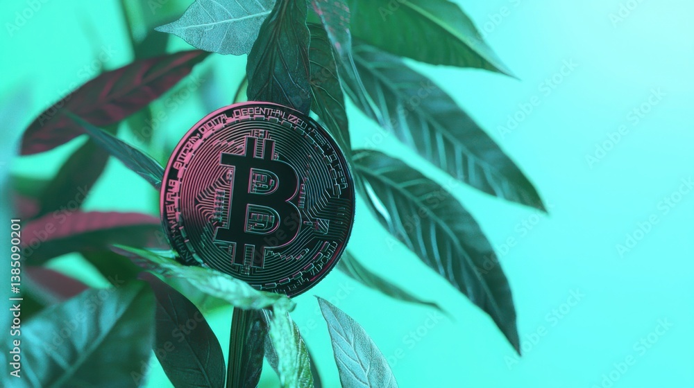 Poster a close-up of a plant with a bitcoin coin emphasizing the concept of digital currency growing in nat