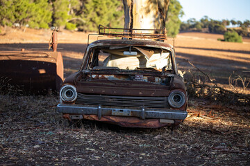 abandoned, rusted vintage car with shattered windows, sitting in a dry, rural paddock surrounded by eucalyptus leaves and trees