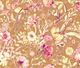 Flower watercolor seamless pattern with field and garden flowers. Wildflower watercolor background.