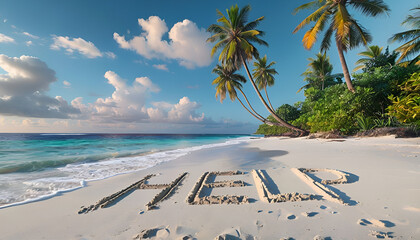 Tropical Beach Scene with Urgent Help Message in Sand