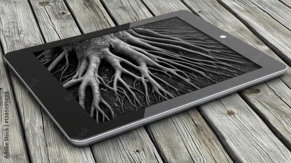 Poster digital tablet displaying tree roots and nature elements, blending technology with environmental awa
