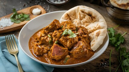 Tender chicken curry served with naan bread and fresh herbs in a bowl