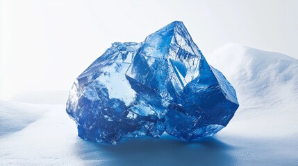 Obraz premium Beautiful large blue crystal resting on white snow showcasing its intricate facets and shining surfaces under soft light