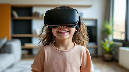 Child experiencing virtual reality with a vr headset in a modern living room setting, engaging with digital technology and innovation, 4k video