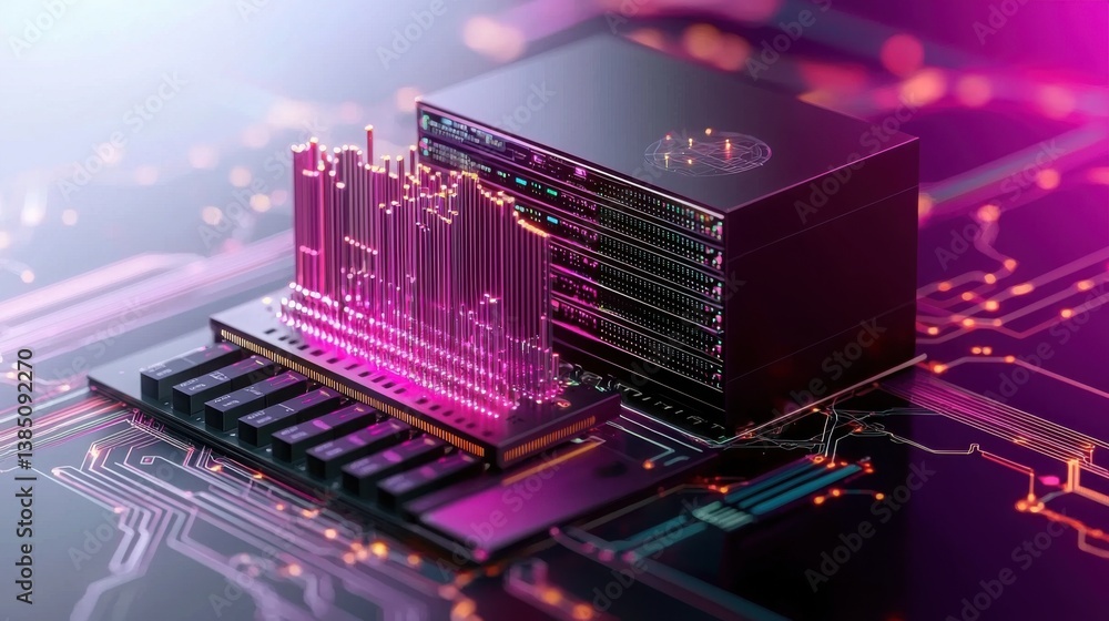 Poster detailed close-up of a cpu on a circuit board inside a high-tech data server room showcasing advance