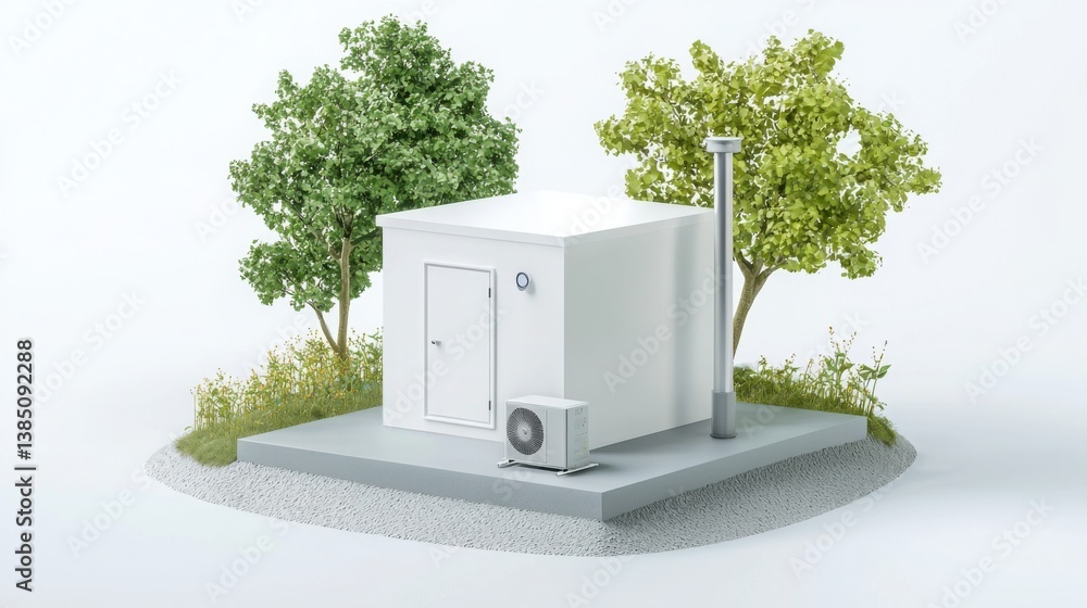 Poster minimalist white box structure surrounded by lush green trees in a tranquil outdoor setting with nat