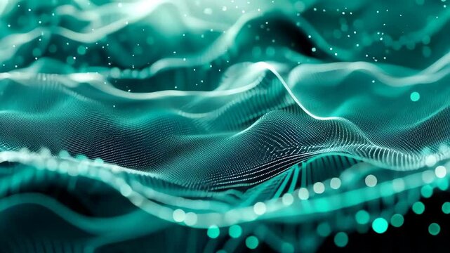 Abstract digital landscape with dynamic waves of light and dots in turquoise and white, 4k video
