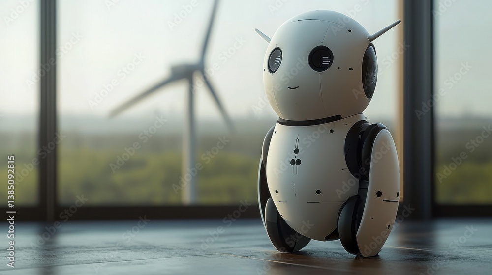 Poster robot sitting on a table symbolizing the use of machine learning technologies for enhancing energy e