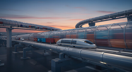 A futuristic cargo train speeds along a magnetic levitation track against a vibrant sunset, showcasing a modern transportation system.