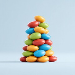 A colorful stack of candy-coated chocolates arranged in a conical shape against a light background.