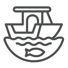 Boat on water waves and fish line icon, eco tourism concept. Vector graphics. Fishing motorboat, water transport sign on white background, outline style icon for mobile or web design.