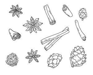 Christmas and New Year hand drawn scetch with fir branches, pine cones, cinnamon, dried oranges, anise stars, and cloves. Christmas decoration. Stock vector illustration on a white background.
