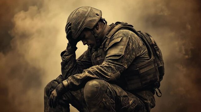 Soldier reflecting amidst war torn landscape in battle gear surrounded by thick smoke and dust, 4k video