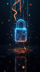 Fototapeta premium A glowing blue lock floating above a dark surface with abstract lights, symbolizing cybersecurity and internet security.
