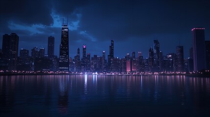 Chicago s mesmerizing skyline at night a breathtaking view of city lights reflecting on tranquil waters under a dramatic