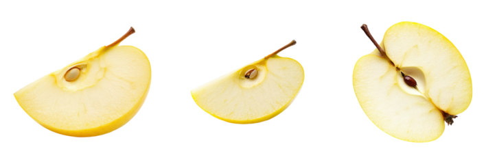 Three apple slices reveal seeds and texture.
