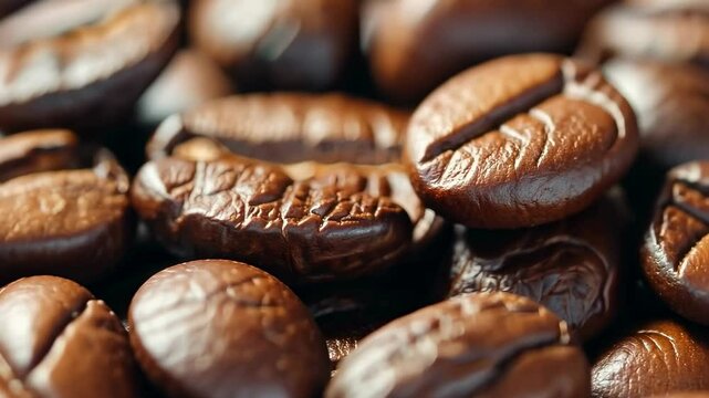 Close up of roasted coffee beans showcasing rich texture and warm tones, ideal for brewing aromatic coffee beverages, 4k video