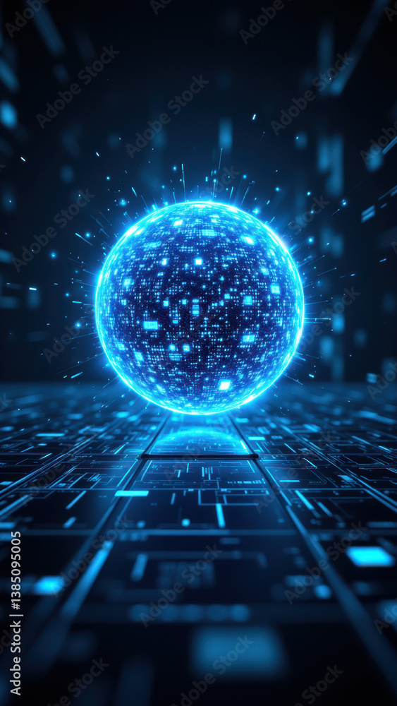 Poster futuristic representation of cybersecurity with a glowing sphere amidst digital grids and circuits.