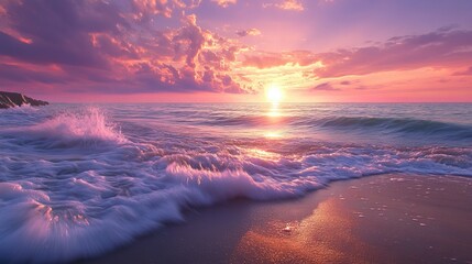Dramatic sunset over ocean waves on sandy beach