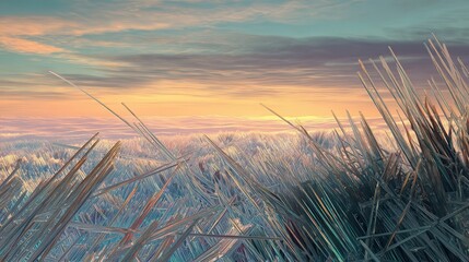 4d circuit board embedded with an iridescent cellophane 4d painting of grass plains at sunset using ai, and generative art made of 4d aluminized polymer.