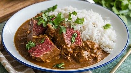 Beef curry with rice in a bowl, garnished with fresh herbs