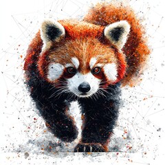 A stunning low poly illustration of a red panda walking forward showcasing its fluffy tail and intense gaze against a white background with artistic splashes of color.