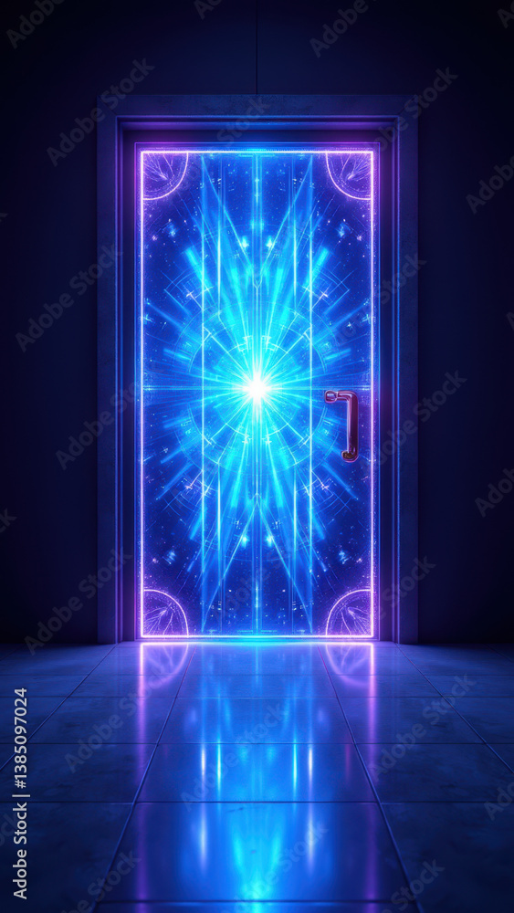 Poster a futuristic portal with a cosmic digital interface symbolizing data encryption and cyber security.