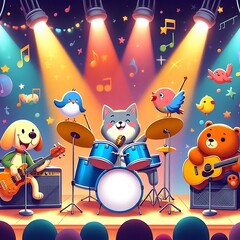Fototapeta premium Colorful cartoon animal band performing live 