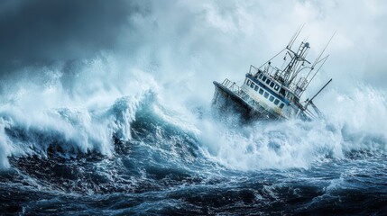 Stormy Seas: A Fishing Vessel Battles Treacherous Waves