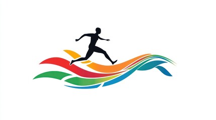 Dynamic silhouette of a runner leaping over vibrant colored waves