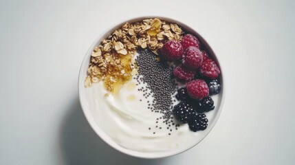 A bowl of creamy yogurt with honey and granola. Featuring texture and flavor