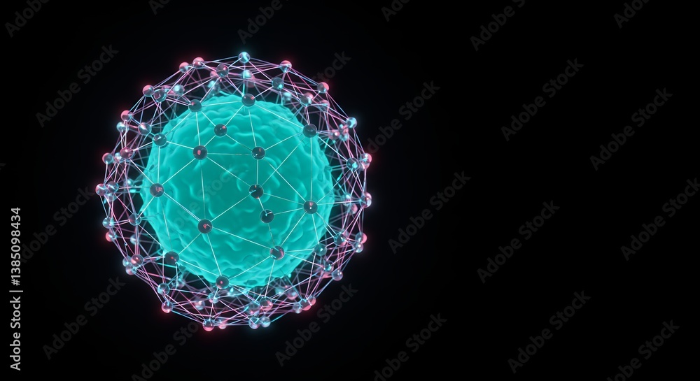 Poster abstract glowing sphere surrounded by network of connected nodes representing futuristic technology 