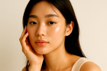 Elegant Korean Girl with Glossy Pink Lips and Dewy Skin – Modern K-Beauty Close-Up Portrait