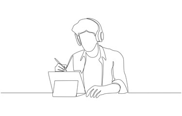 Continuous one line drawing of young male student studying online with tablet, online learning concept, single line art