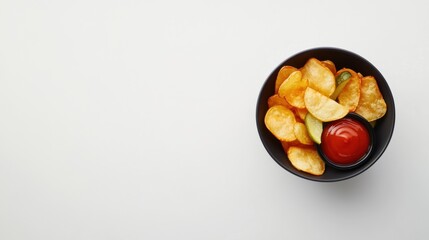 Fototapeta premium A bowl of crispy french fries with ketchup and a side of pickles. Featuring comfort and flavor