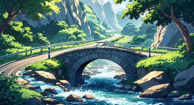 Winding road crossing over a small stone bridge with rushing water below anime cartoon style illustration artwork design background