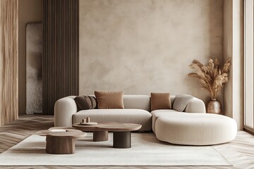 Japandi Style Living Room with Beige Sofa, Wooden Wall Panels, and Indoor Plant