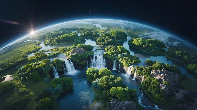 Aerial view of Earth with lush waterfalls and green forests in nature landscape