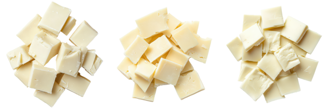 Three piles of broken white chocolate squares.