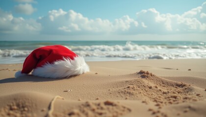 Christmas hat resting on sandy beach with ocean backdrop  