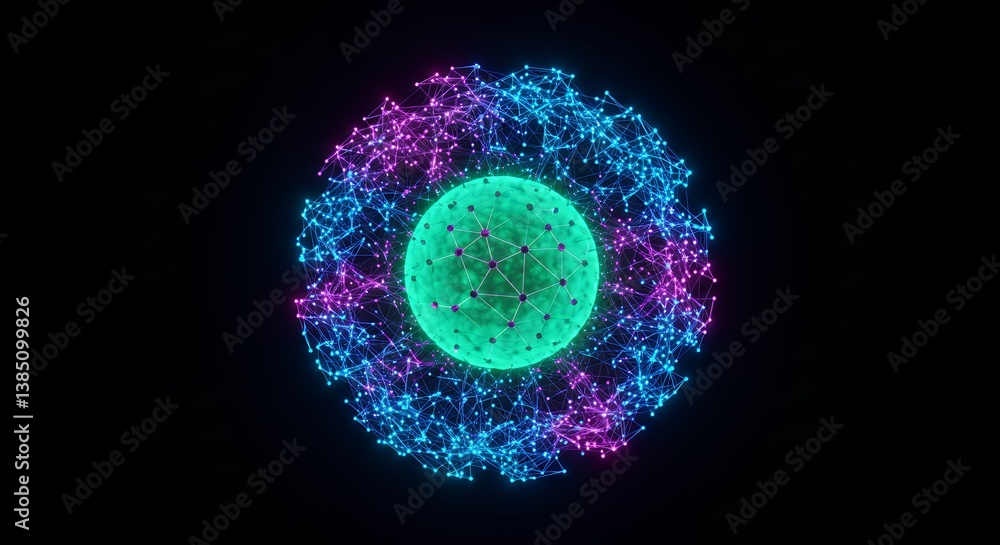 Poster abstract technology concept featuring a glowing sphere surrounded by connected network nodes in neon