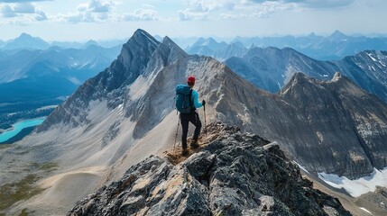 Fototapeta premium Hiker conquers mountain summit in breathtaking landscape with distant peaks and blue sky
